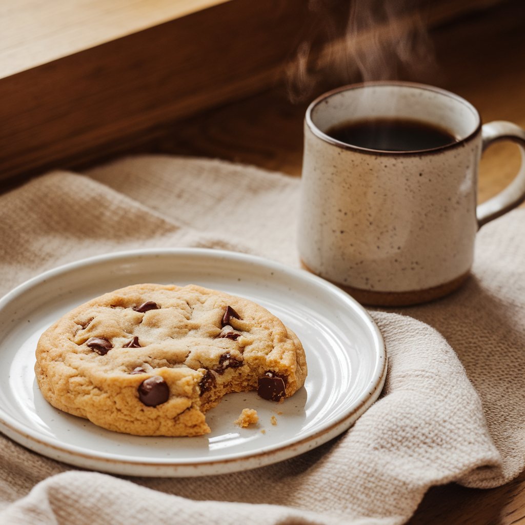 A single cookie on a plate with a bite taken out, paired with a steaming cup of coffee