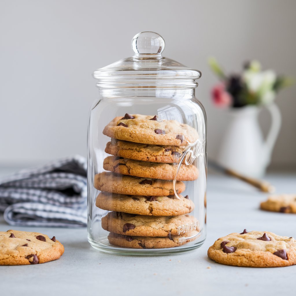 Cookies stored in a glass jar with a lid on a kitchen counter.