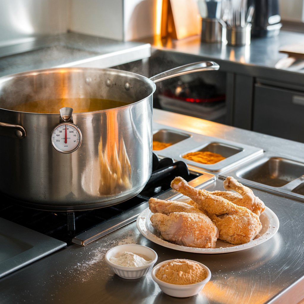 A close-up of a frying setup showing a large pot of oil, a thermometer, and prepared legs ready for frying