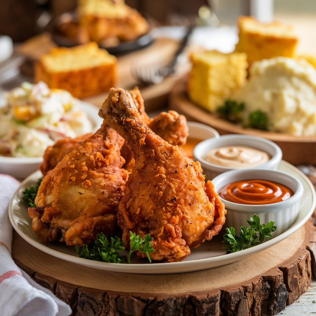 Golden-brown fried chicken legs on a plate, garnished with parsley and served with dipping sauces, coleslaw, and cornbread on a rustic wooden table.