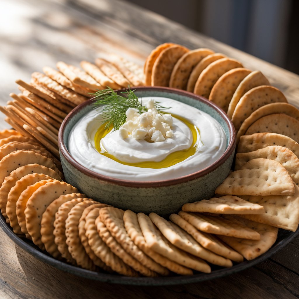 A bowl of Greek yogurt dip surrounded by an assortment of crackers and pita chips.