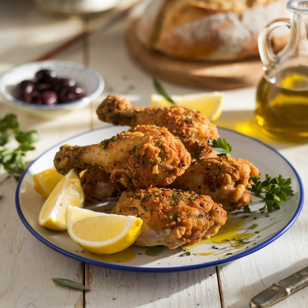 Mediterranean-style fried chicken legs on a plate with fresh lemon wedges and a drizzle of olive oil.