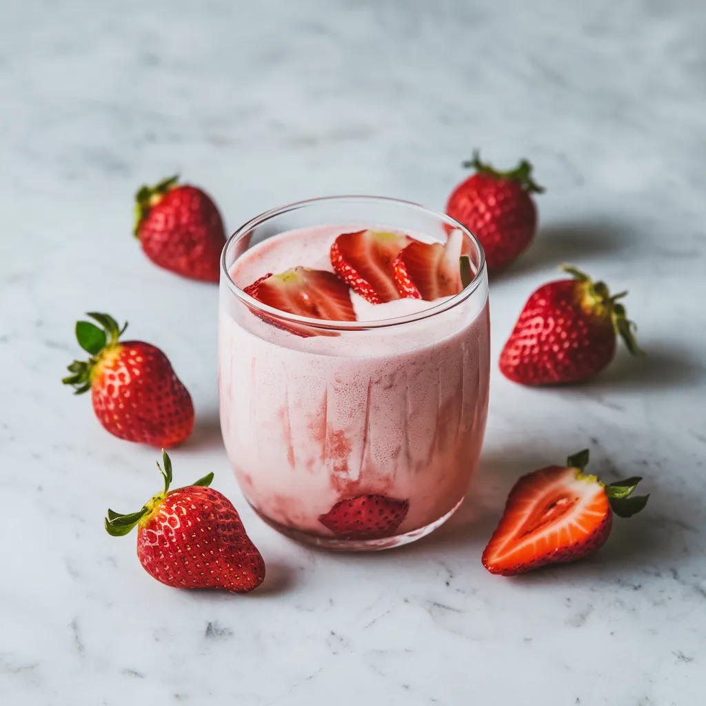 a refreshing pink drink served in a clear glass, featuring a creamy texture and garnished with slices of fresh strawberries. The drink is placed on a light marble surface, accompanied by whole strawberries nearby, emphasizing its fruity and vibrant appeal. The setup is minimalistic and bright, perfect for showcasing a summery beverage