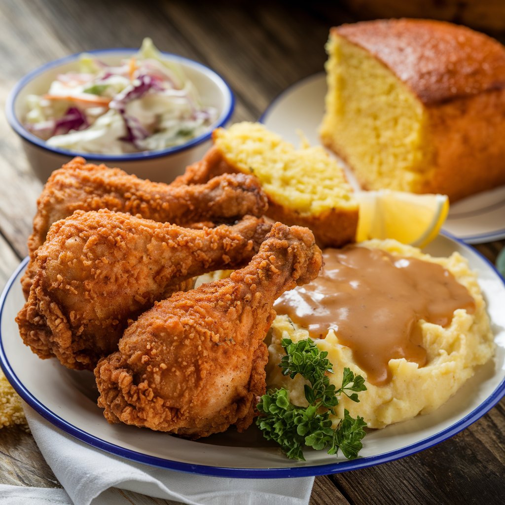 A plate of Southern-style fried chicken served with coleslaw, cornbread, and mashed potatoes