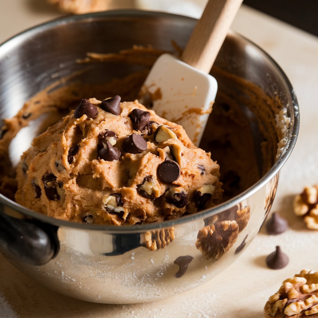 A bowl of cookie dough being mixed, with chocolate chips and walnuts visible.