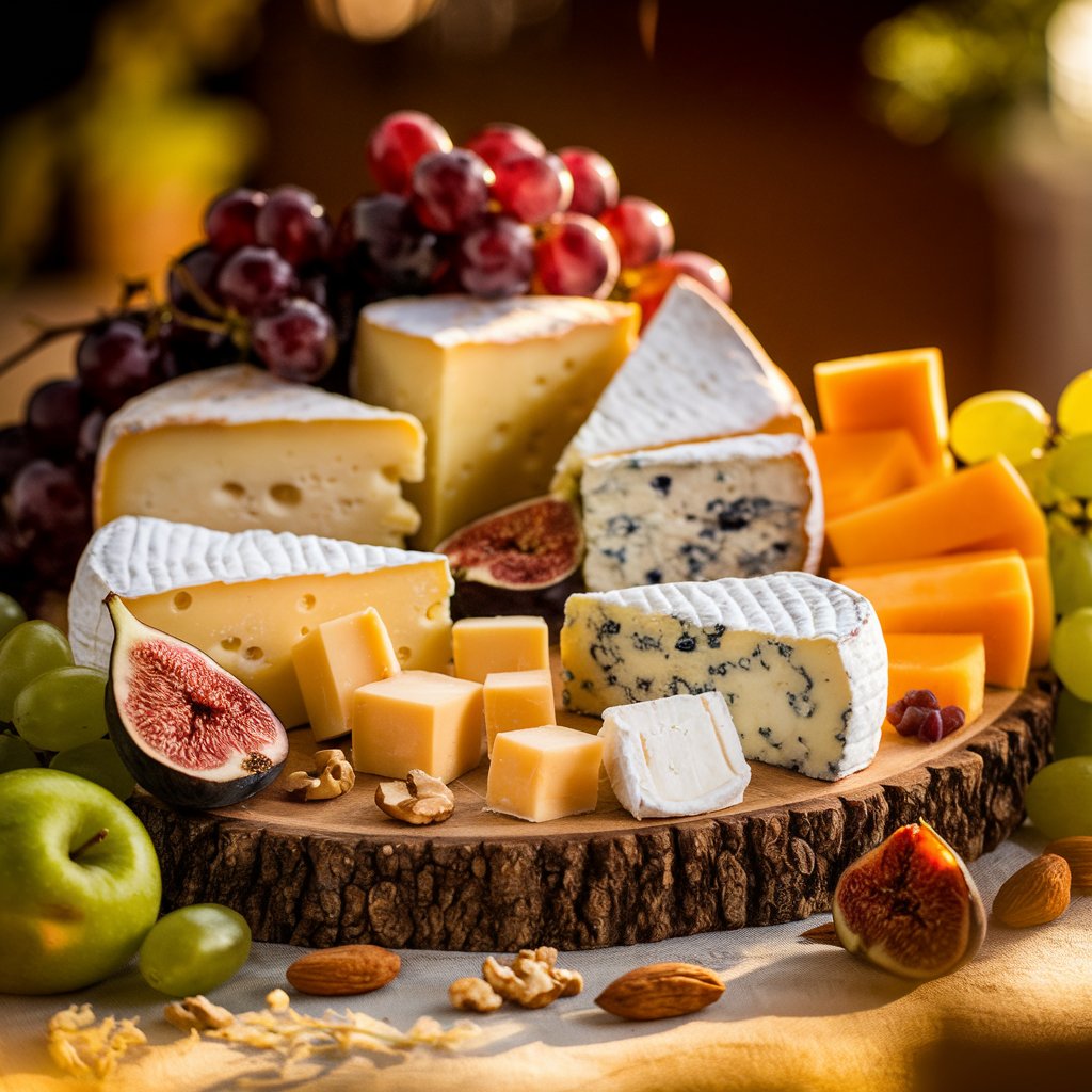 A rustic wooden cheese board with neatly arranged cheeses, fruits, and nuts.