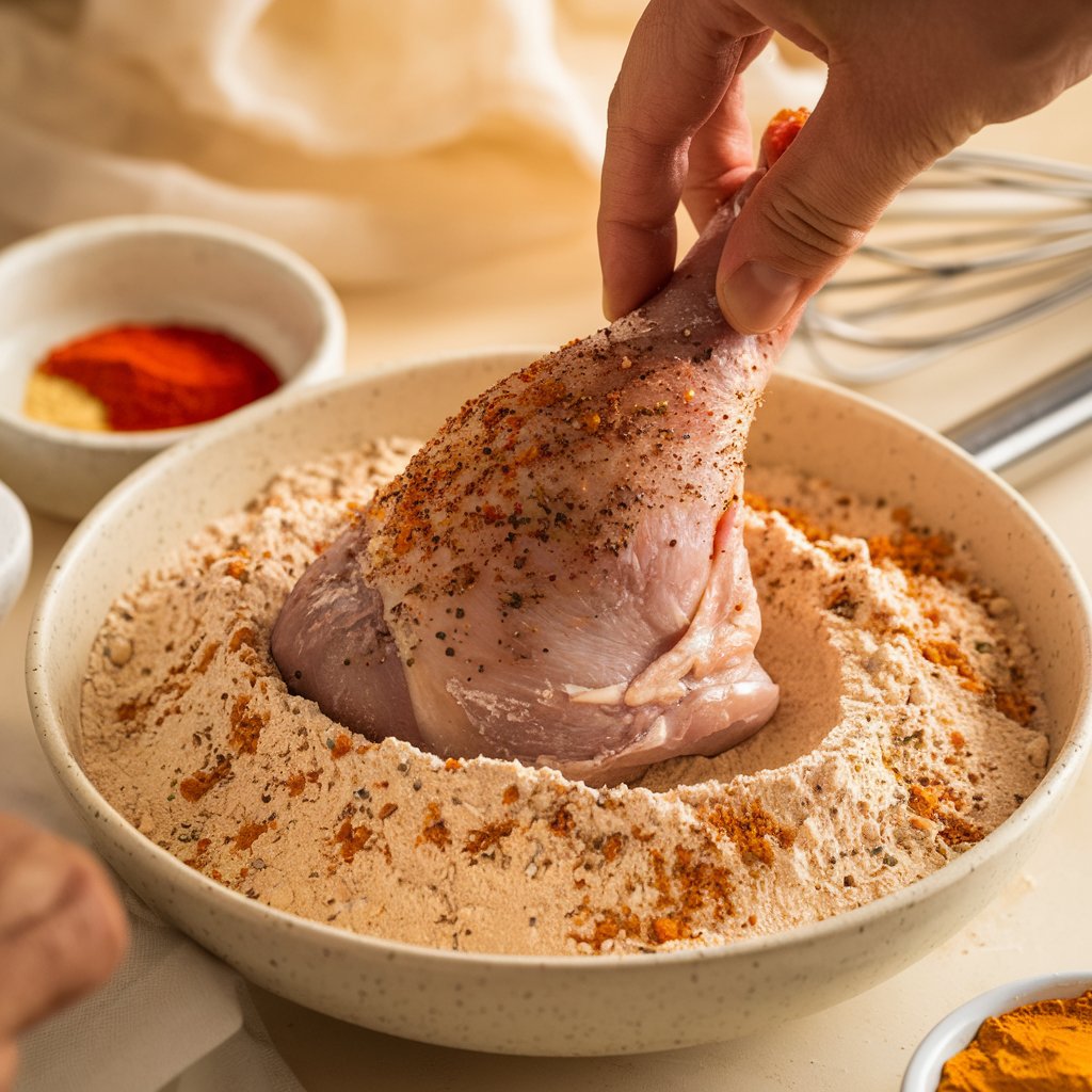 Chicken legs soaking in a creamy buttermilk marinade with visible spices like paprika and pepper