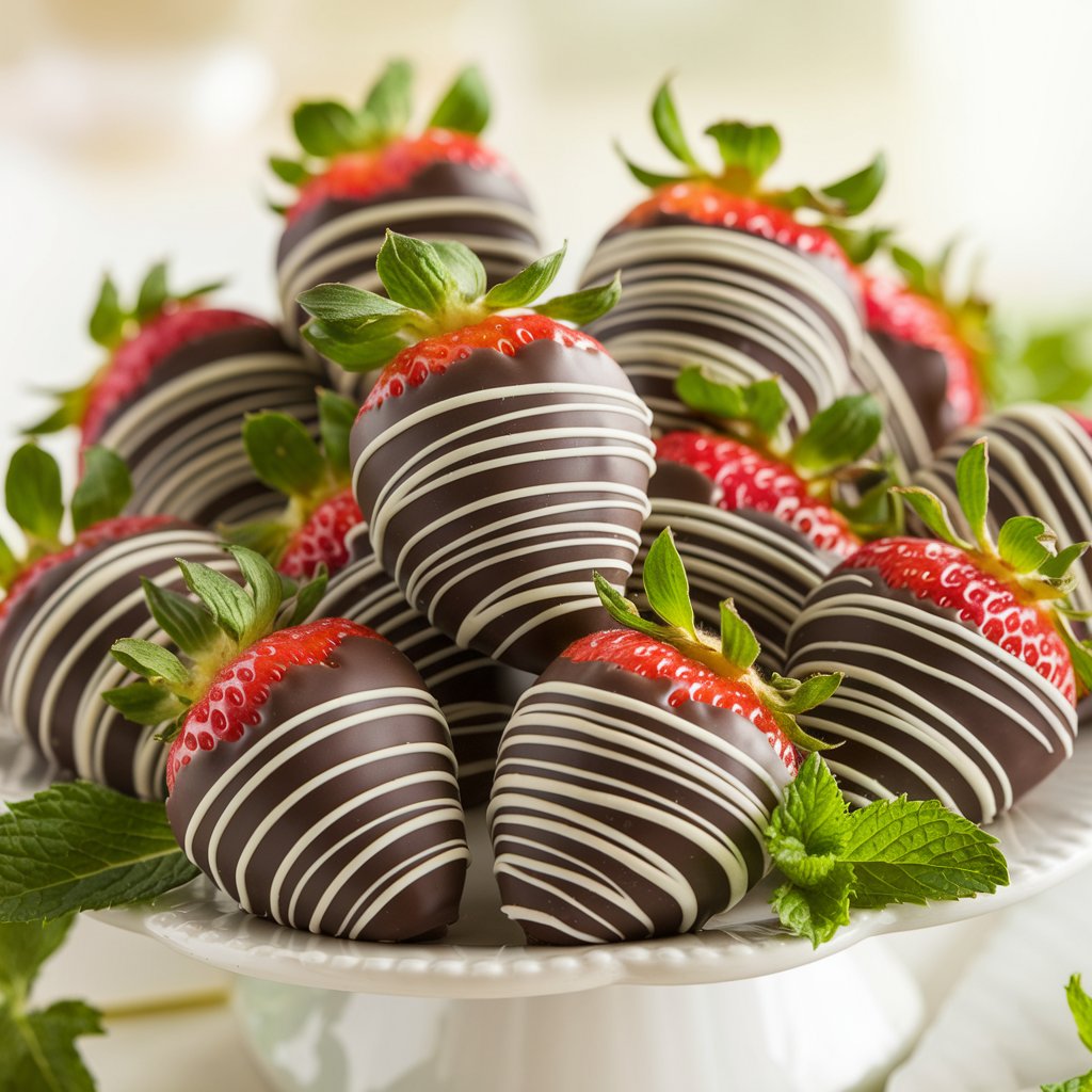 Strawberries dipped in dark chocolate, with decorative white chocolate swirls and a side of fresh mint leaves