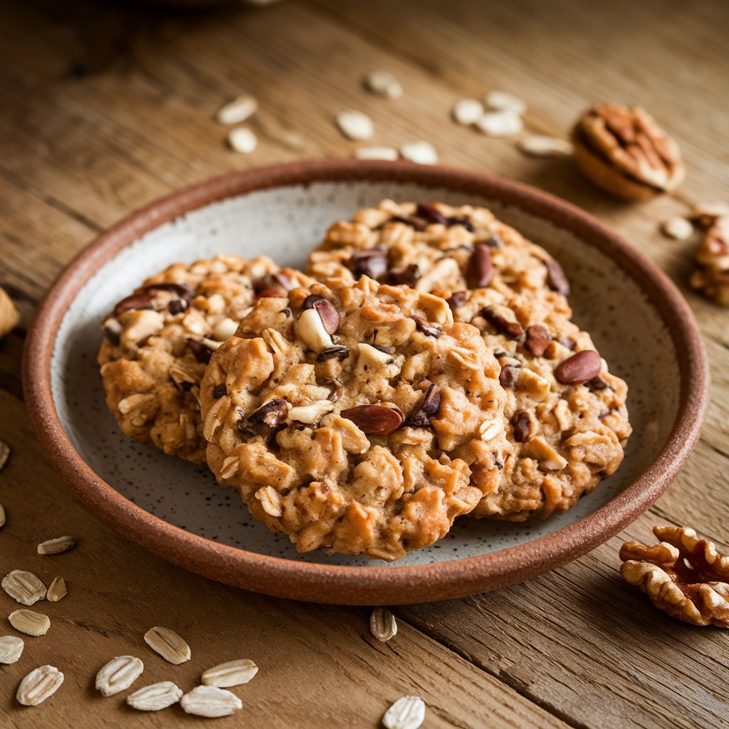 A healthy version of cookies with oats, seeds, and nuts arranged on a rustic plate.