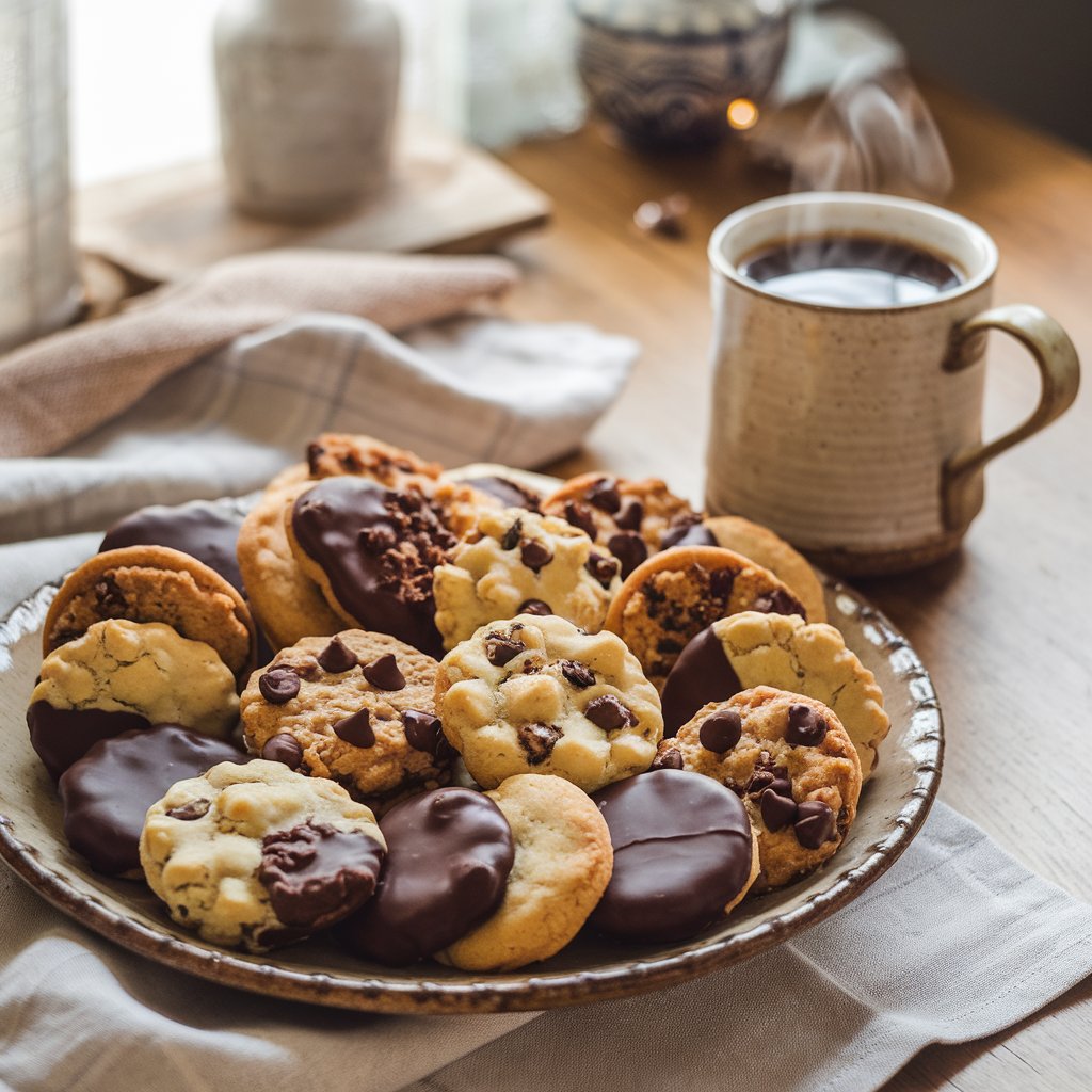 A platter of cookies, some dipped in chocolate, served with a cup of coffee.