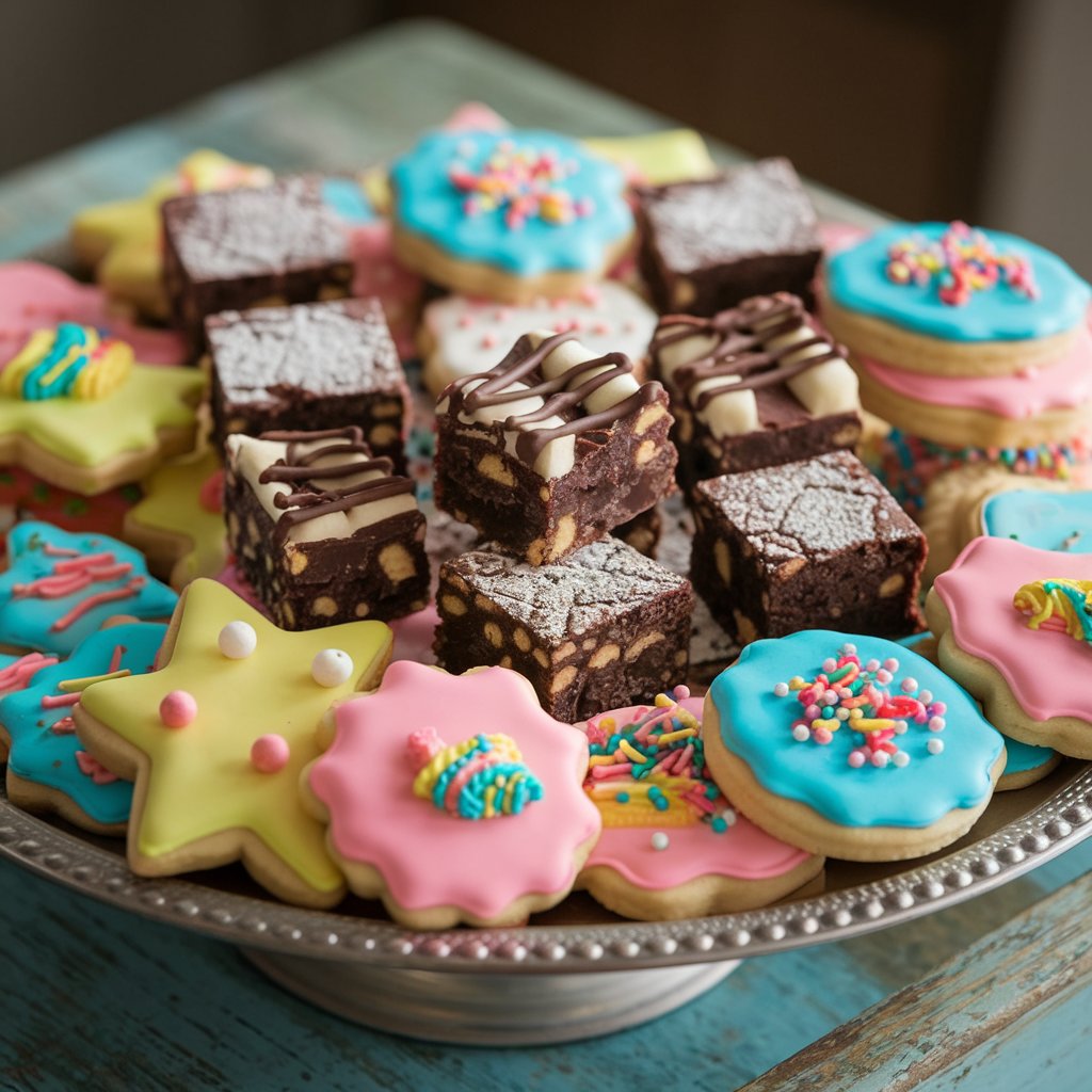 A tray with an assortment of mini brownies and colorfully decorated cookies.