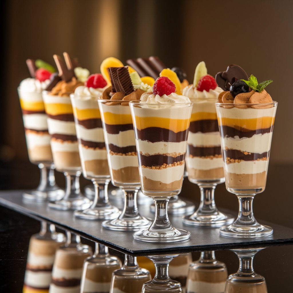 A row of dessert shooters with alternating layers of cream, mousse, and toppings.