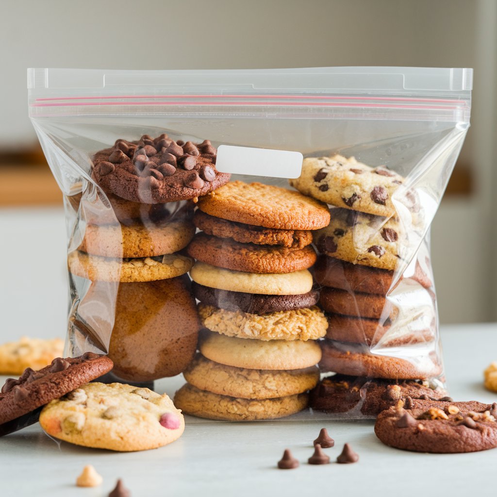 A freezer bag filled with cookies labeled with the date