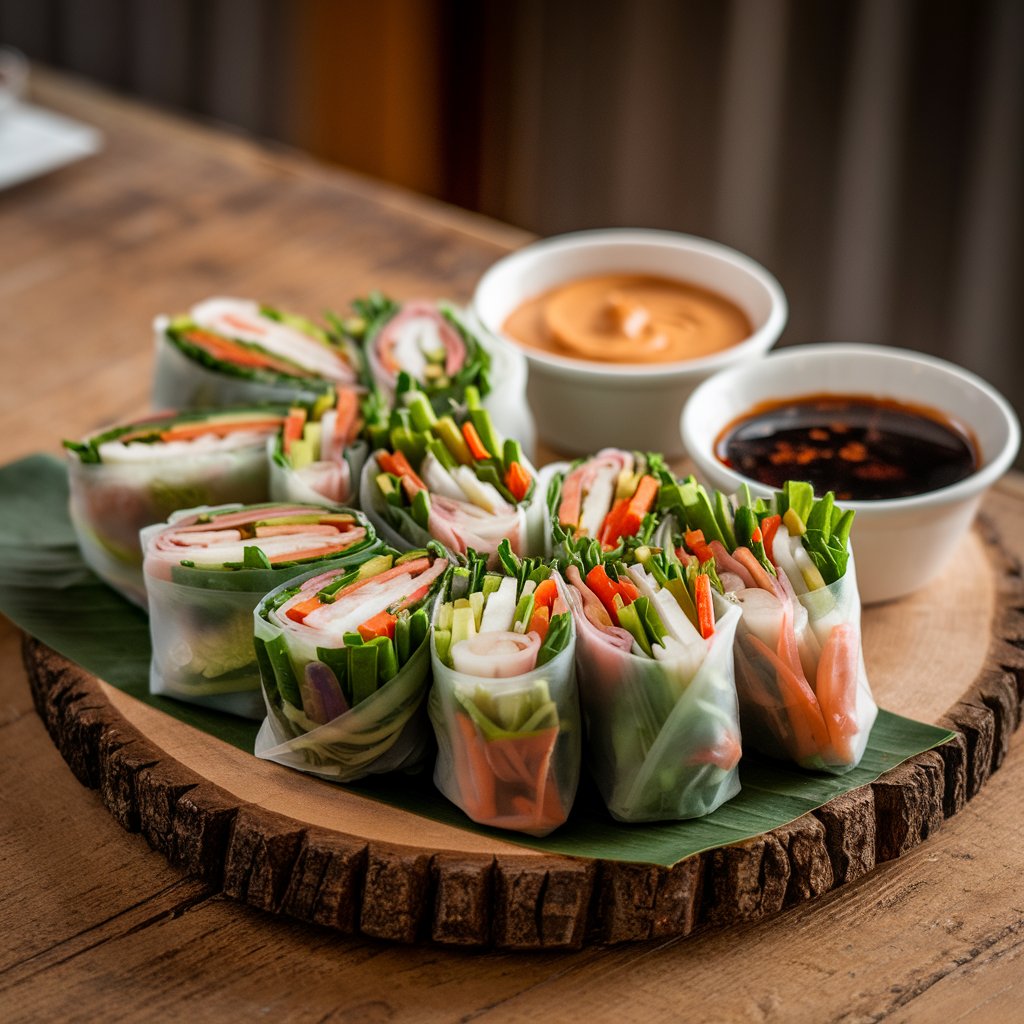 A platter of fresh spring rolls alongside bowls of peanut and soy dipping sauces