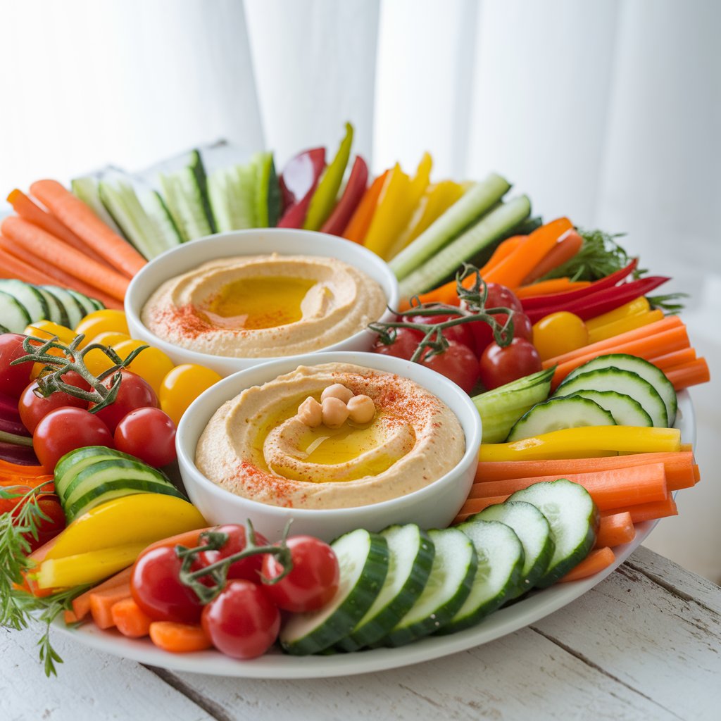 A vibrant platter with fresh veggies surrounding bowls of hummus, garnished with olive oil and paprika