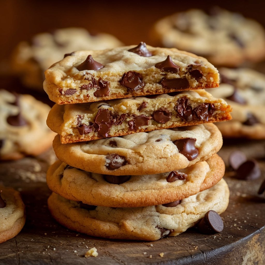 A stack of cookies with gooey chocolate chips oozing from the center.