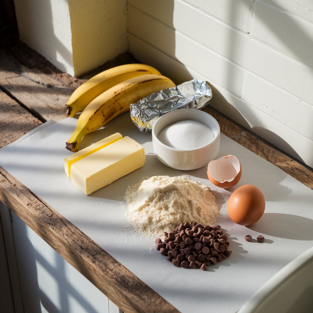 A flat-lay shot of the ingredients: ripe bananas, butter, sugar, eggs, flour, and chocolate chips neatly arranged on a wooden kitchen counter