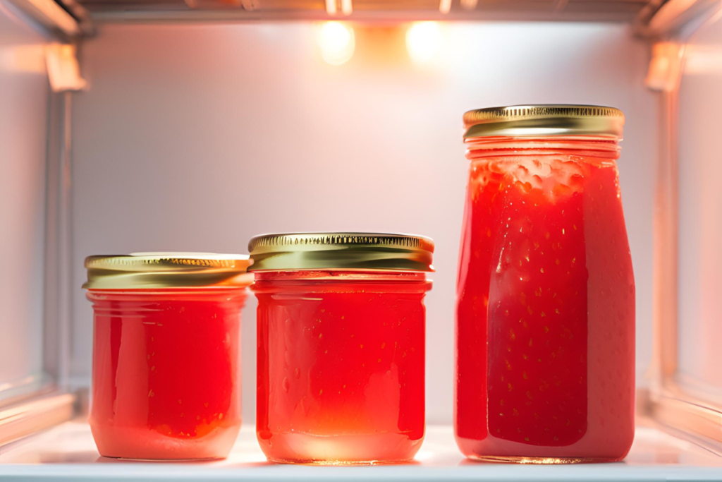 Strawberry purée stored in a sealed glass jar inside a refrigerator.