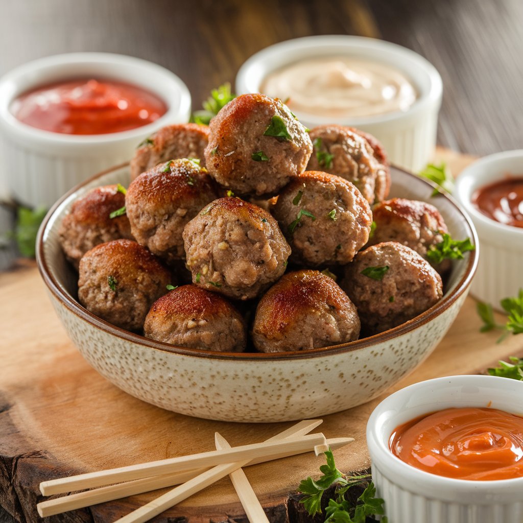 A bowl of bite-sized meatballs served with skewers and a selection of dipping sauces.