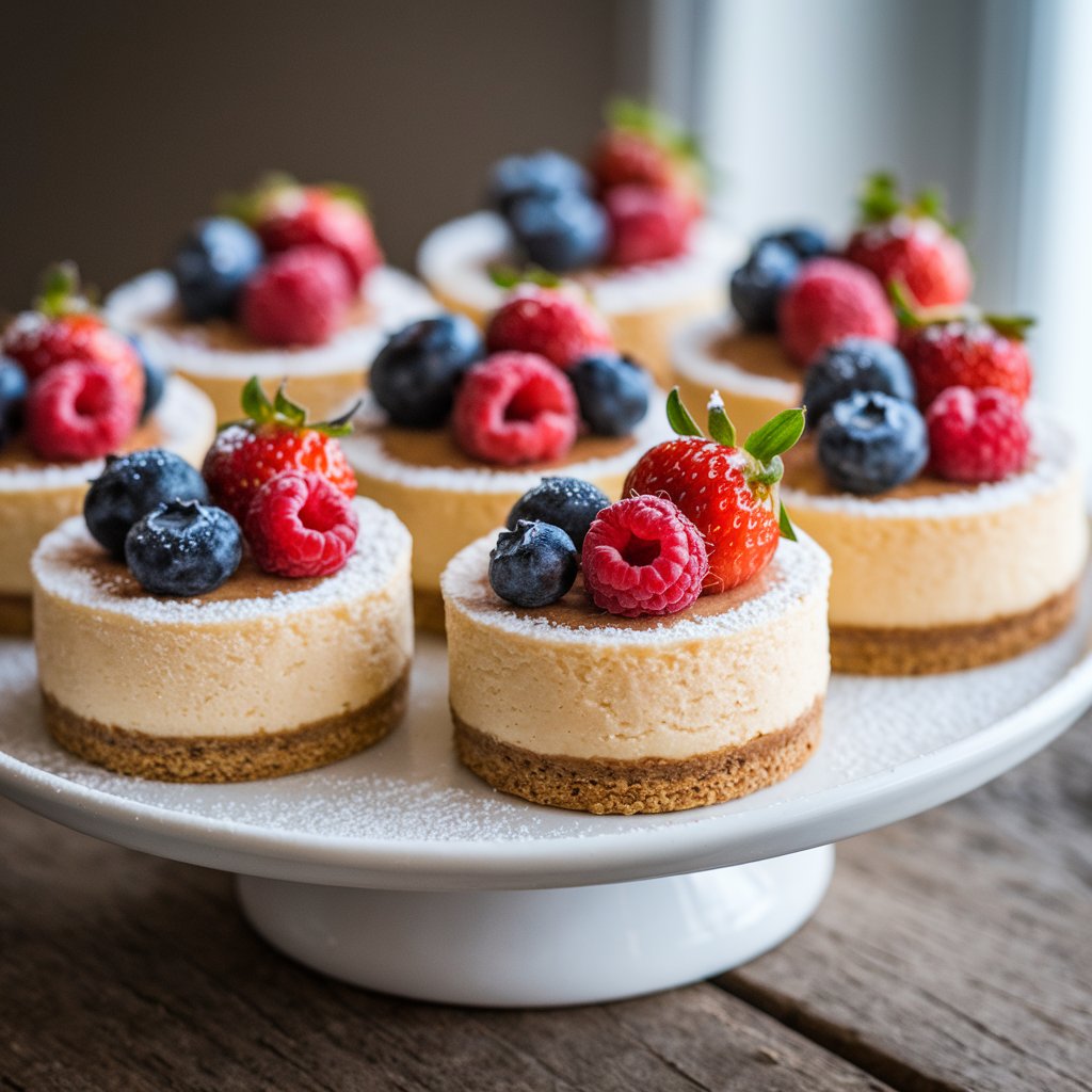 Mini cheesecakes topped with fresh berries and a dusting of powdered sugar.