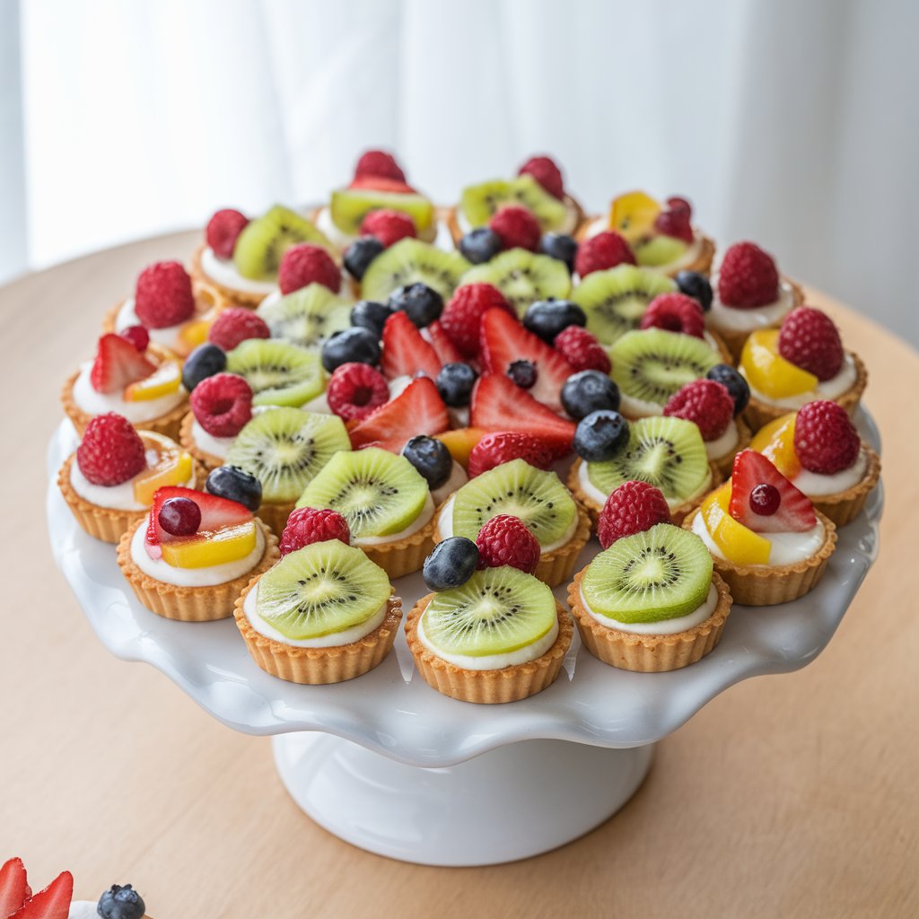 Mini fruit tarts arranged in a circular pattern, with vibrant fruit and a glossy finish.