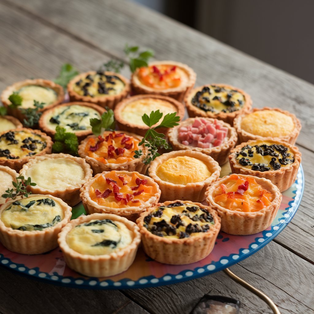 Mini quiches with golden crusts, arranged on a colorful platter, with garnishes of herbs.