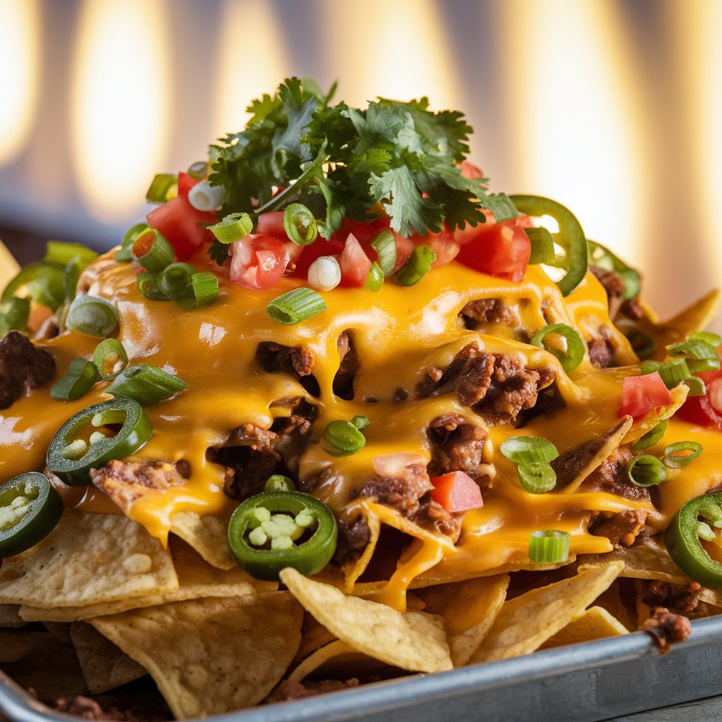 A vibrant tray of nachos topped with cheese, jalapeños, and colorful garnishes like cilantro and diced tomatoes