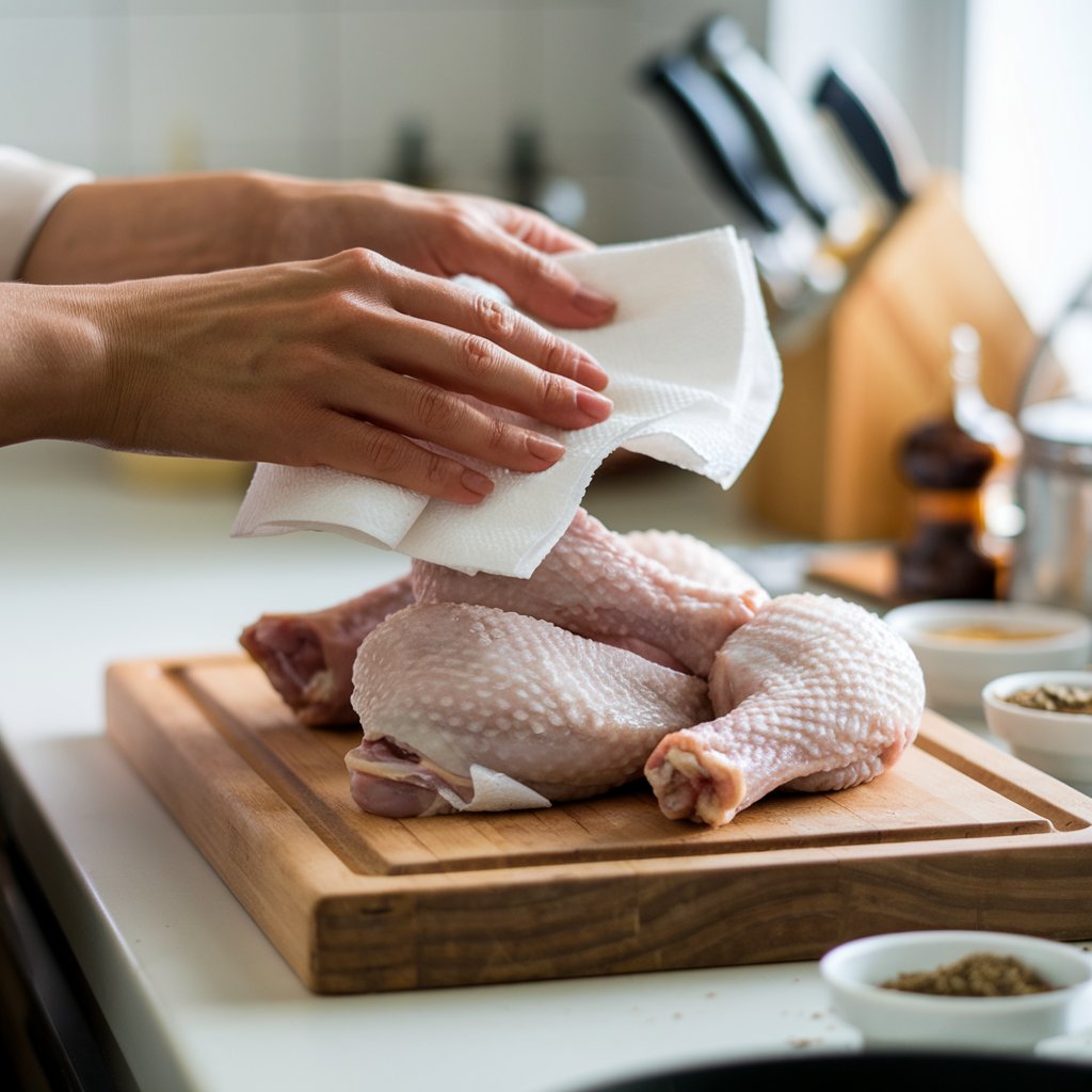 A close-up of a kitchen setting featuring a pair of hands carefully patting raw chicken legs dry using white paper towels. The chicken legs are placed on a wooden cutting board with a clean, organized background, including visible kitchen tools like a knife and small bowls of spices. The scene has soft, natural lighting, highlighting the texture of the raw chicken and the clean, professional preparation process. 