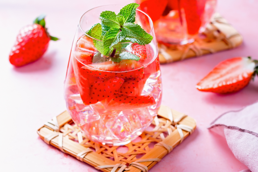 Strawberry mint mocktail garnished with fresh mint