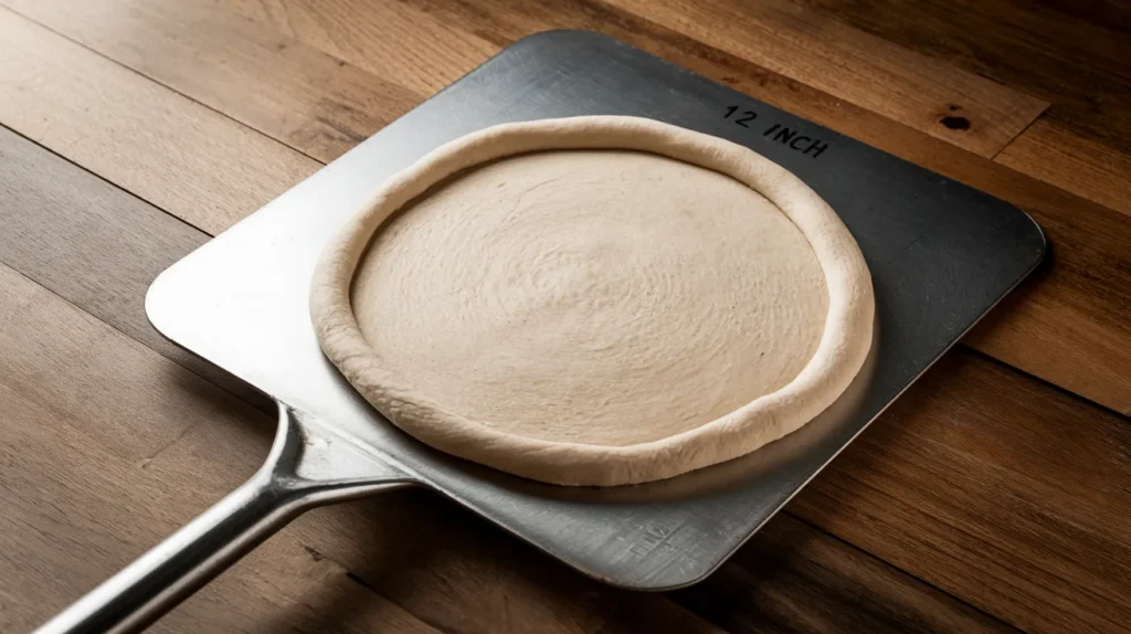 pizza dough resting on a metal pizza peel