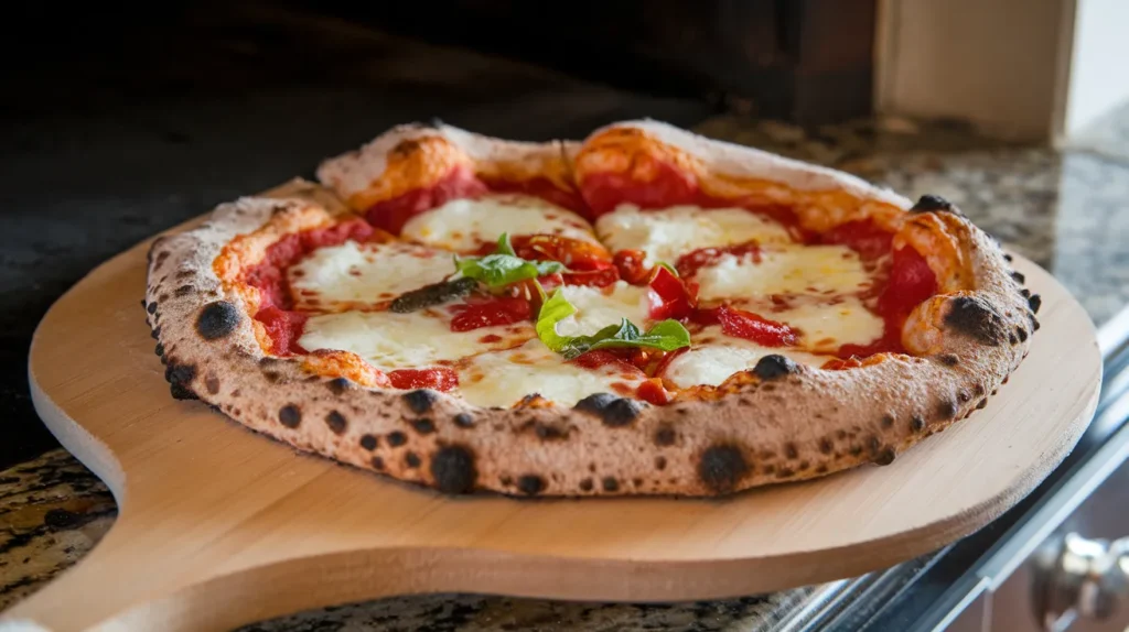 pizza resting on a bamboo pizza peel