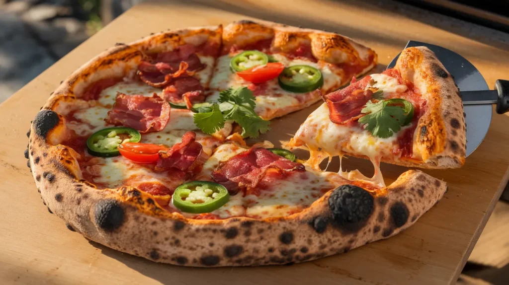 freshly baked gourmet pizza on a wooden pizza peel