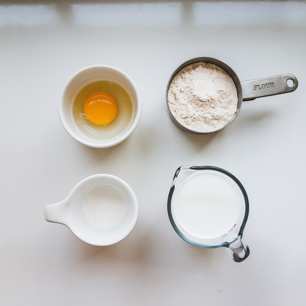 Ingredients for a 3-ingredient mug cake, including an egg, flour, and milk, displayed on a white countertop