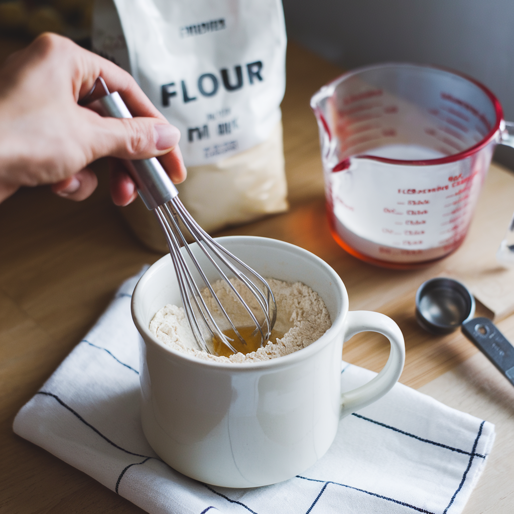 A hand whisking ingredients for a mug cake in a white mug, with flour and milk in the background