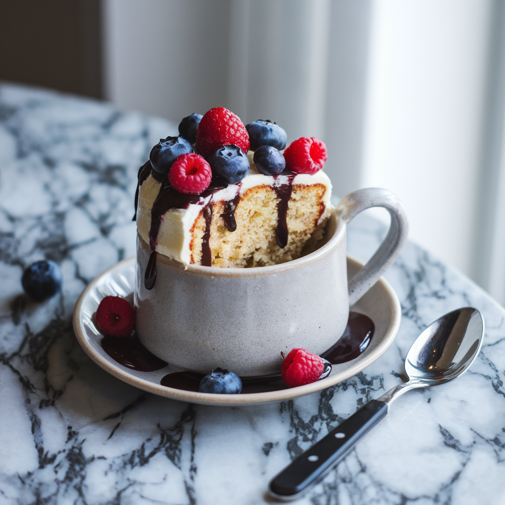 A 3-ingredient mug cake served in a white mug, topped with powdered sugar, berries, and chocolate drizzle