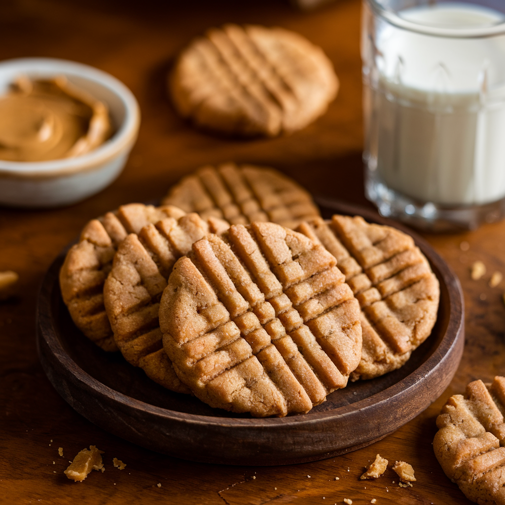 Finished 4-ingredient peanut butter cookies on a rustic wooden plate with cross-hatch marks, served with a glass of milk.