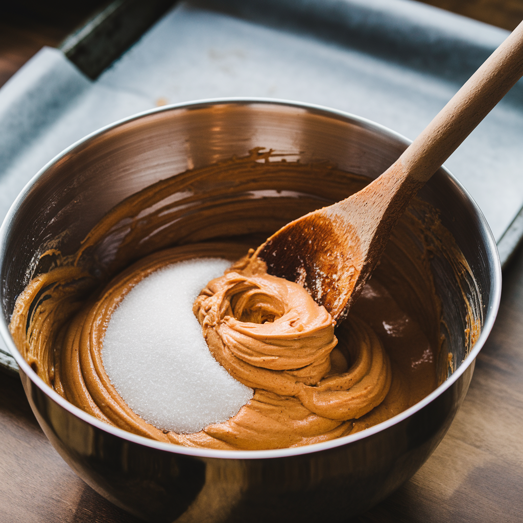 Mixing ingredients for peanut butter cookies in a bowl with a wooden spoon, with a baking tray lined with parchment paper in the background