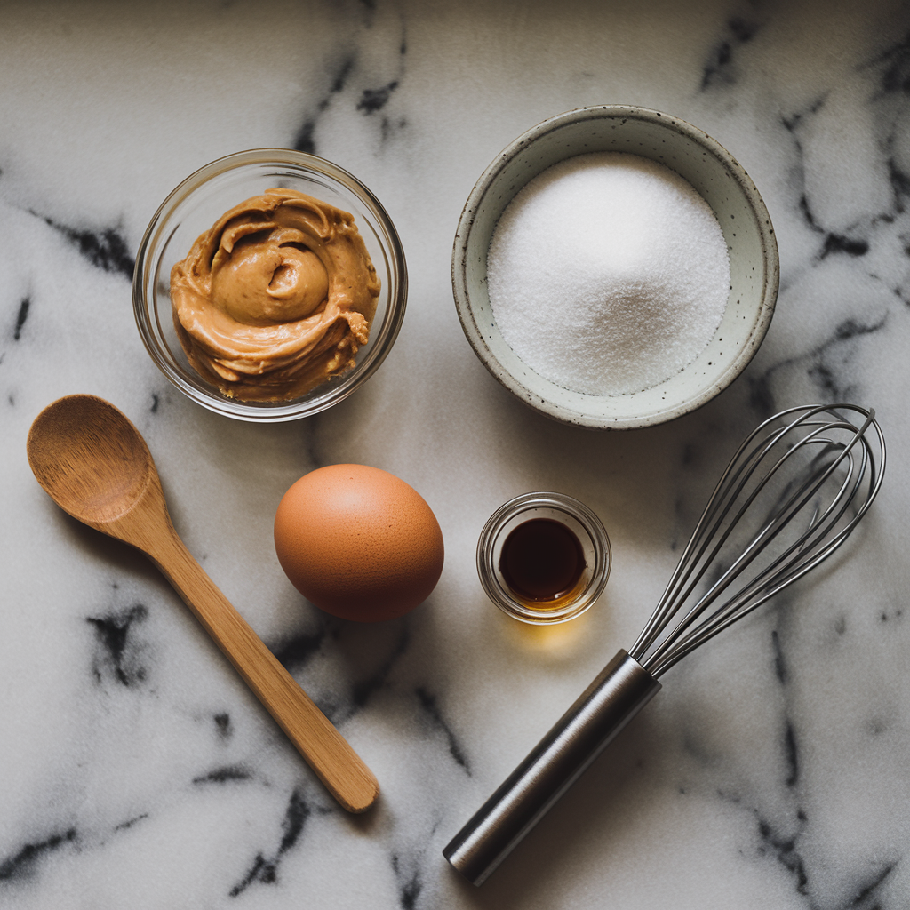 Ingredients for 4-ingredient peanut butter cookies: peanut butter, sugar, an egg, and vanilla extract, arranged on a marble surface