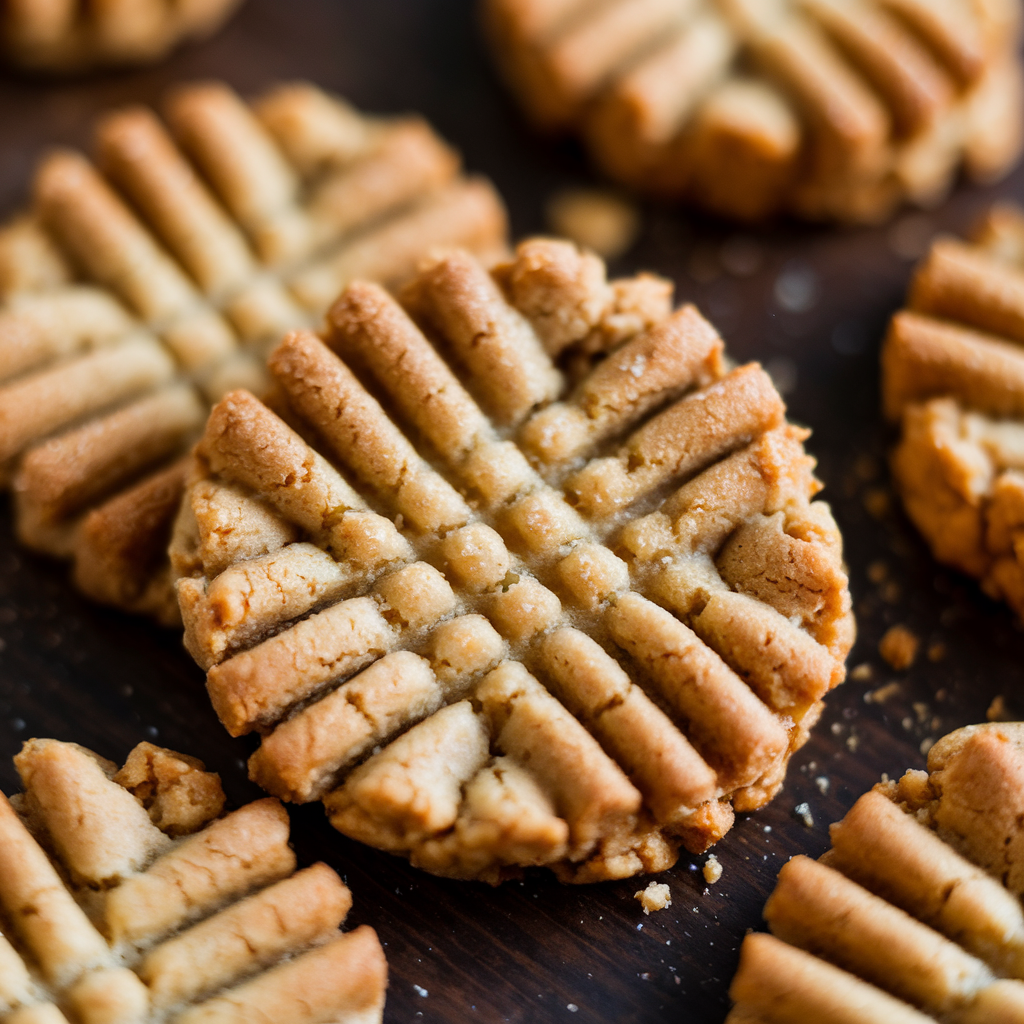 Close-up view of golden brown peanut butter cookies with cross-hatch marks, on a dark wooden table