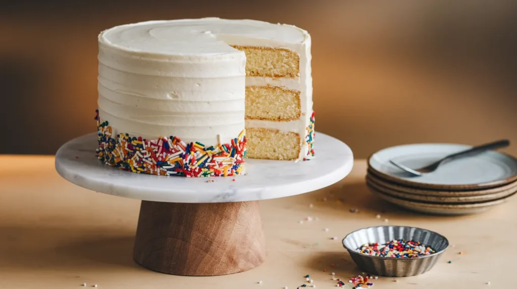 8-inch cake displayed on a marble and wooden cake stand