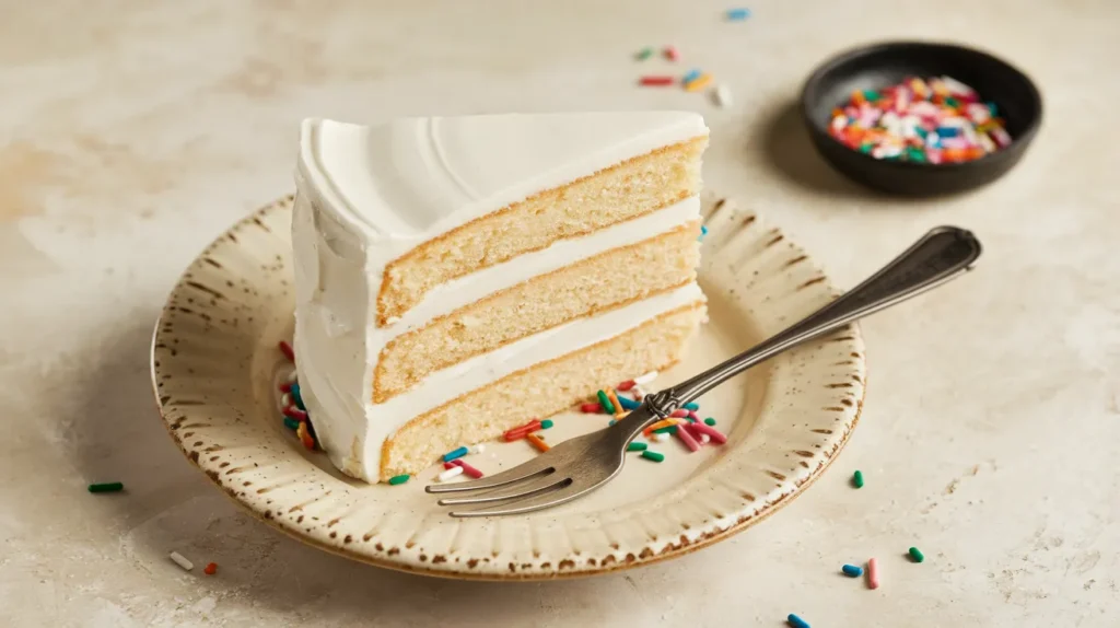 a slice of an 8-inch vanilla layer cake served on a beige ceramic plate