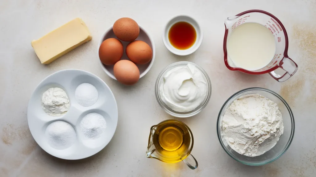 ingredients for a classic vanilla cake. The composition includes a stick of butter, three brown eggs, a small bowl of vanilla extract, a measuring cup of milk, a glass bowl of sour cream, a bowl of granulated sugar, and a bowl of all-purpose flour.