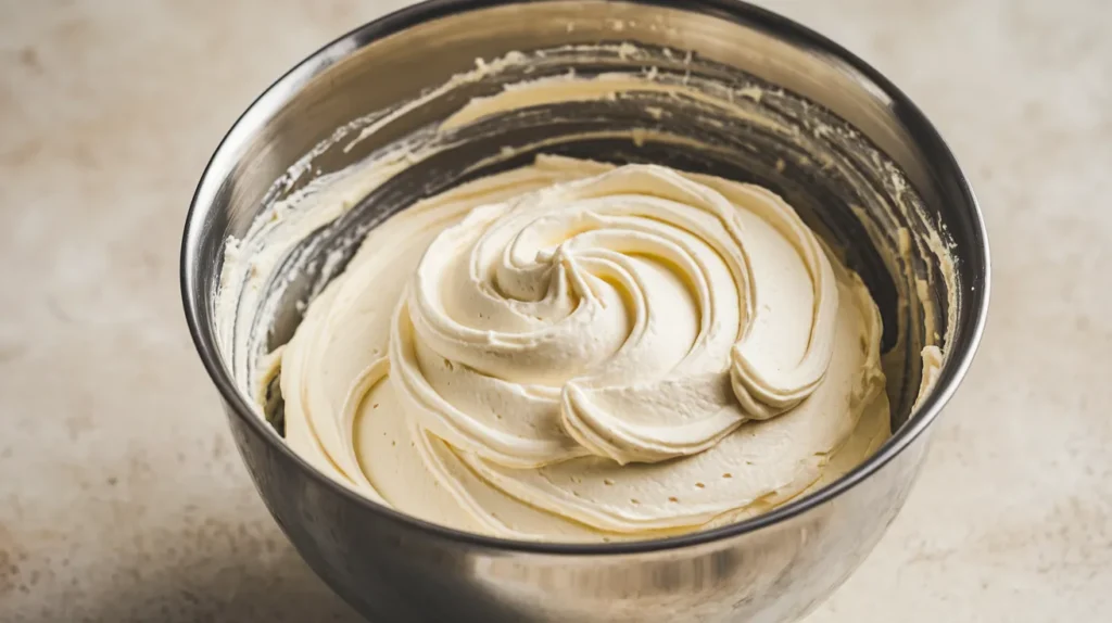  bowl filled with freshly whipped buttercream frosting fore 8 inch cake