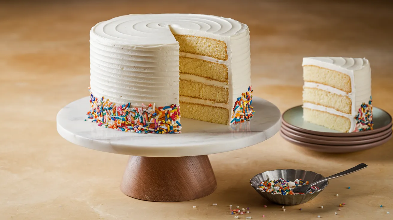 an 8-inch cake vanilla layer cake displayed on a marble and wooden cake stand.