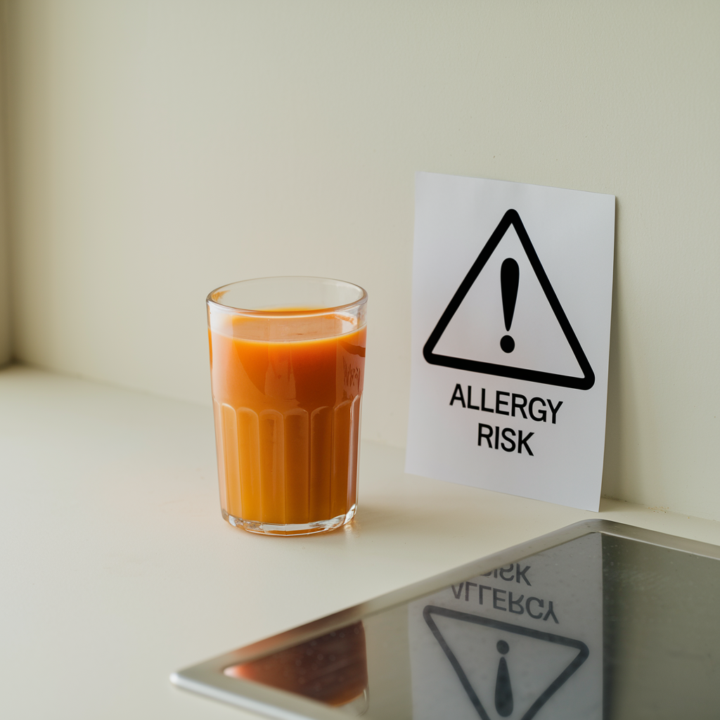 A warning sign near a glass of carrot juice with a label reading "Allergy Risk.