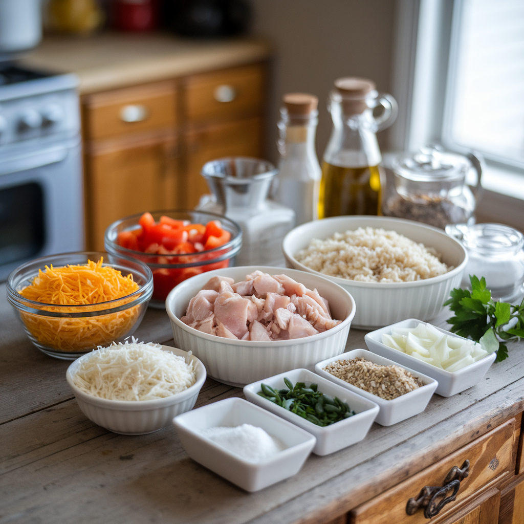 Arroz Imperial ingredient: chicken and vegetables, rice 