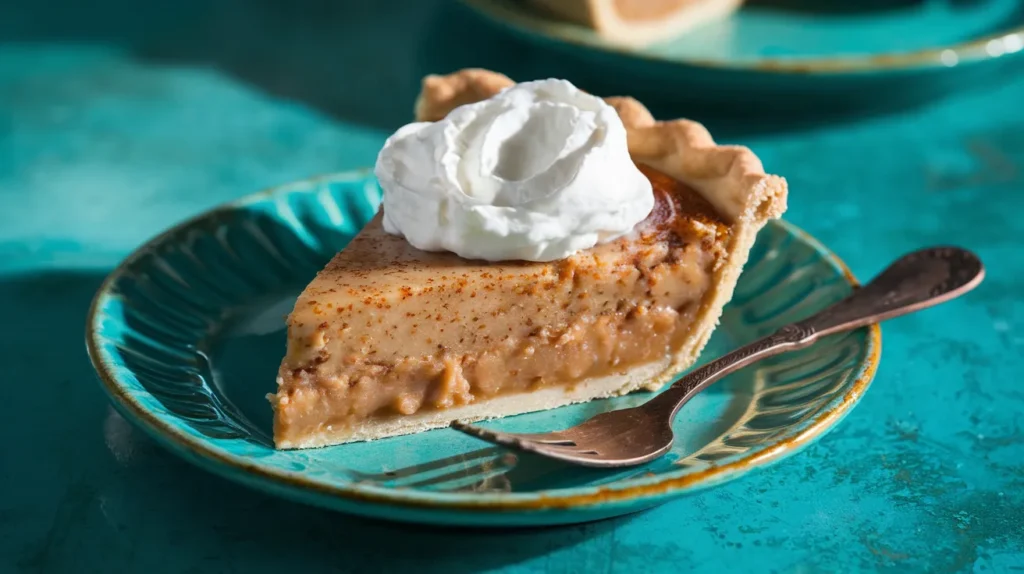 a slice of bean pie served on a vibrant turquoise ceramic plate