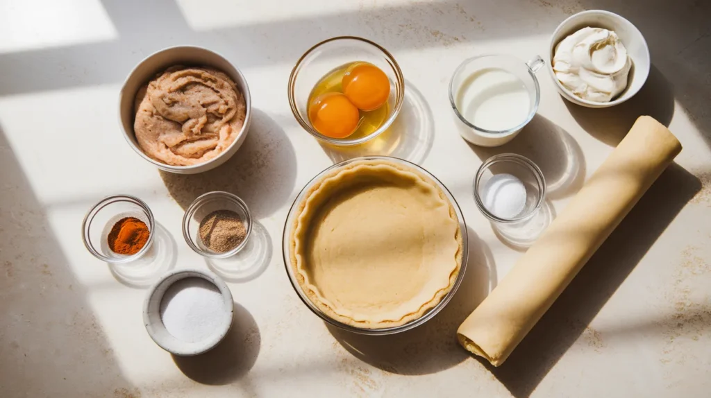 a well-organized cooking preparation area showcasing ingredients for a classic fall pie