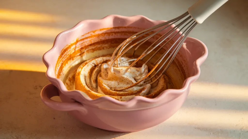 a pink ceramic mixing bowl on a light-colored kitchen countertop