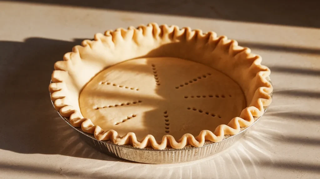 a raw pie crust meticulously arranged in a decorative pie dish